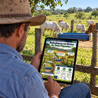 Produtor rural consultando o atlas de esquemas no tablet
