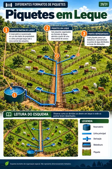 Esquema de piquetes em leque com rota de água
